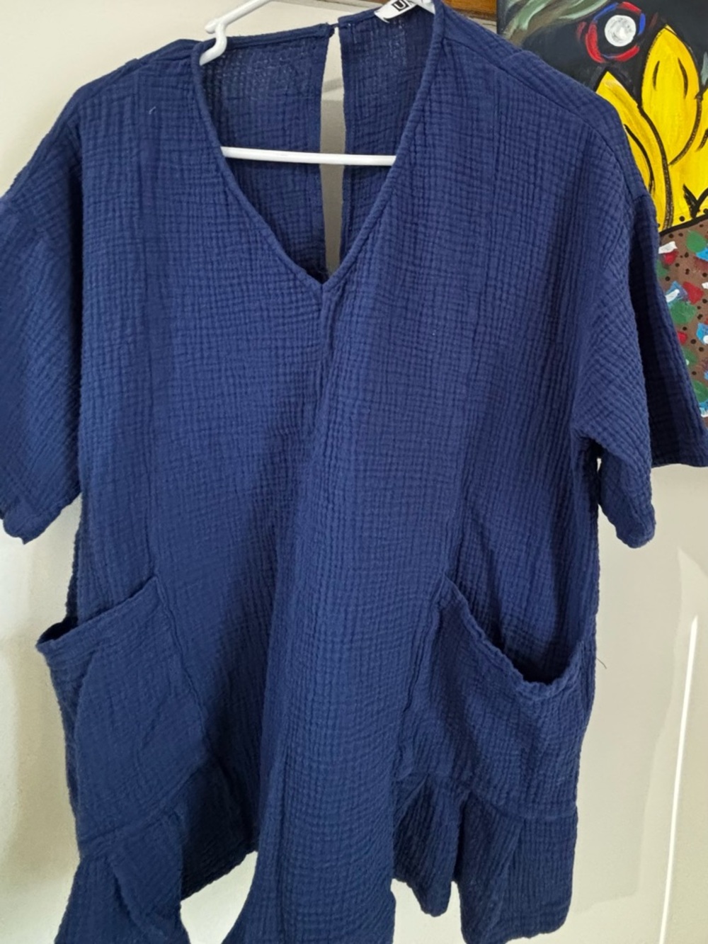 Uniqlo Navy Textured V-Neck Romper with Front Pockets